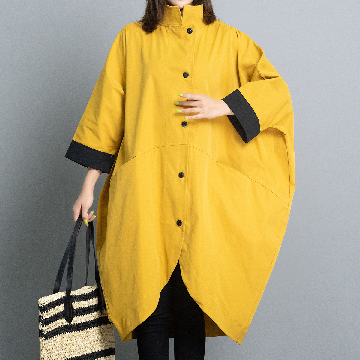 EWQ new spring stand collar batwing sleeves single breasted contrast colors big size jacket female windbreaker WK51207XL 201102