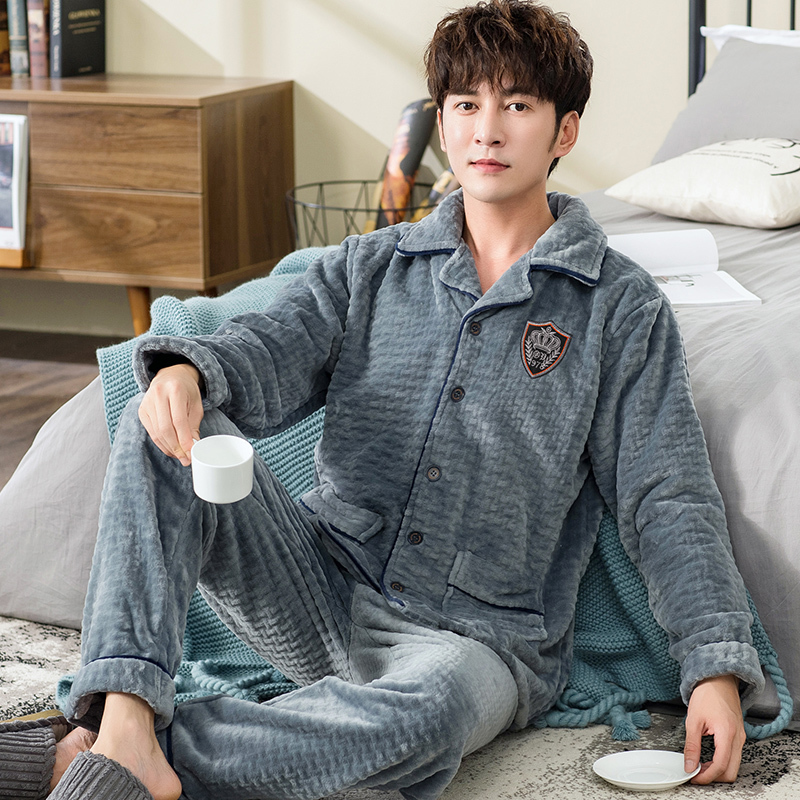 Winter Man's Coral Fleece Pajamas 2 Pieces Lounge Sleepwear for Men Pijama Bedgown Home Clothes PJ Grey Warm Thicken Pajama 201109