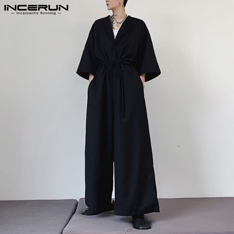 INCERUN Fashion Men Wide Leg Jumpsuit Solid Punk V Neck Half Sleeve Overalls Streetwear Mens Pants Baggy Casual Rompers 5XL 200930