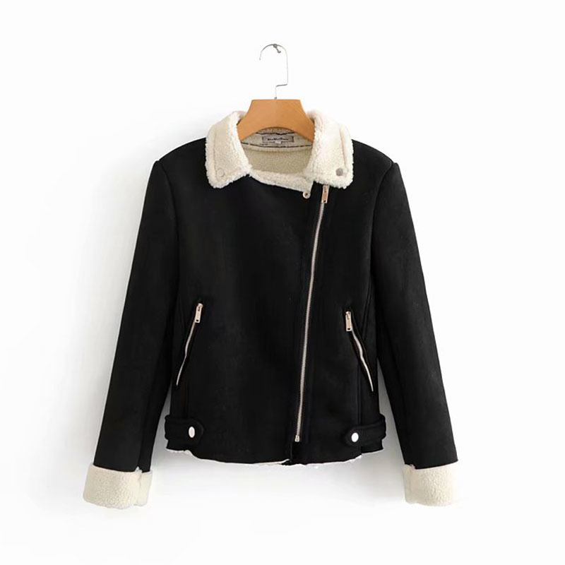 Warm Winter Fashion Long Sleeve Zipper Lamb Hair Female Coat Fur One Deerskin Locomotive Womens Jacket Black Chic Tops 201029