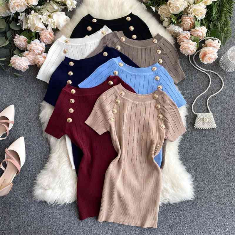 women soild buttons knit retro t-shirts summer short sleeve woman slim fashion sweaters pullovers, White;black
women soild buttons knit retro t-shirts summer short sleeve woman slim fashion sweaters pullovers, White;black