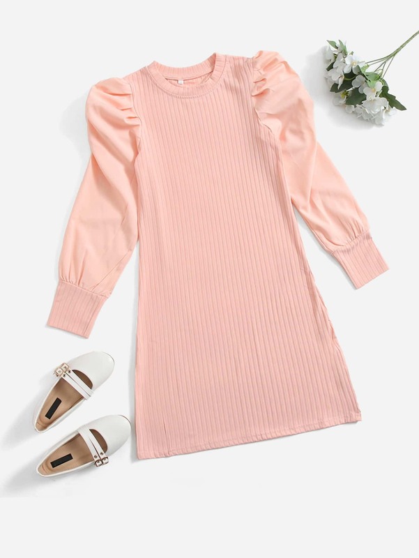 Girls Ribbed Knit Ruched Gigot Sleeve Dress SHE