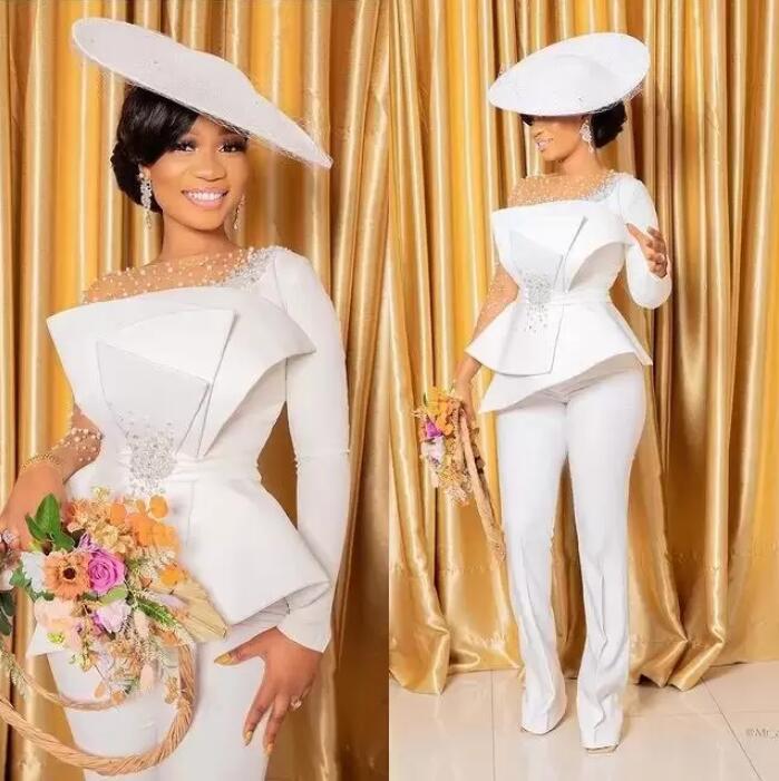 Elegant Beach Bridal Gowns Pant Suit Illusion Long Sleeve Sheer Neck Pearls Bohemian Outdoor Wedding Jumpsuit Dresses Peplum Beaded Bridal Dress