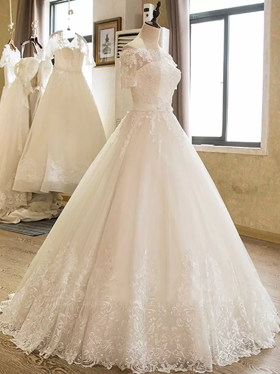 2022 Elegant Wedding Dresses Bridal Gown Lace Applique Ribbon Off the Shoulder Short Sleeves or Length Chapel Garden Vestidos De Novia Plus Size Custo
