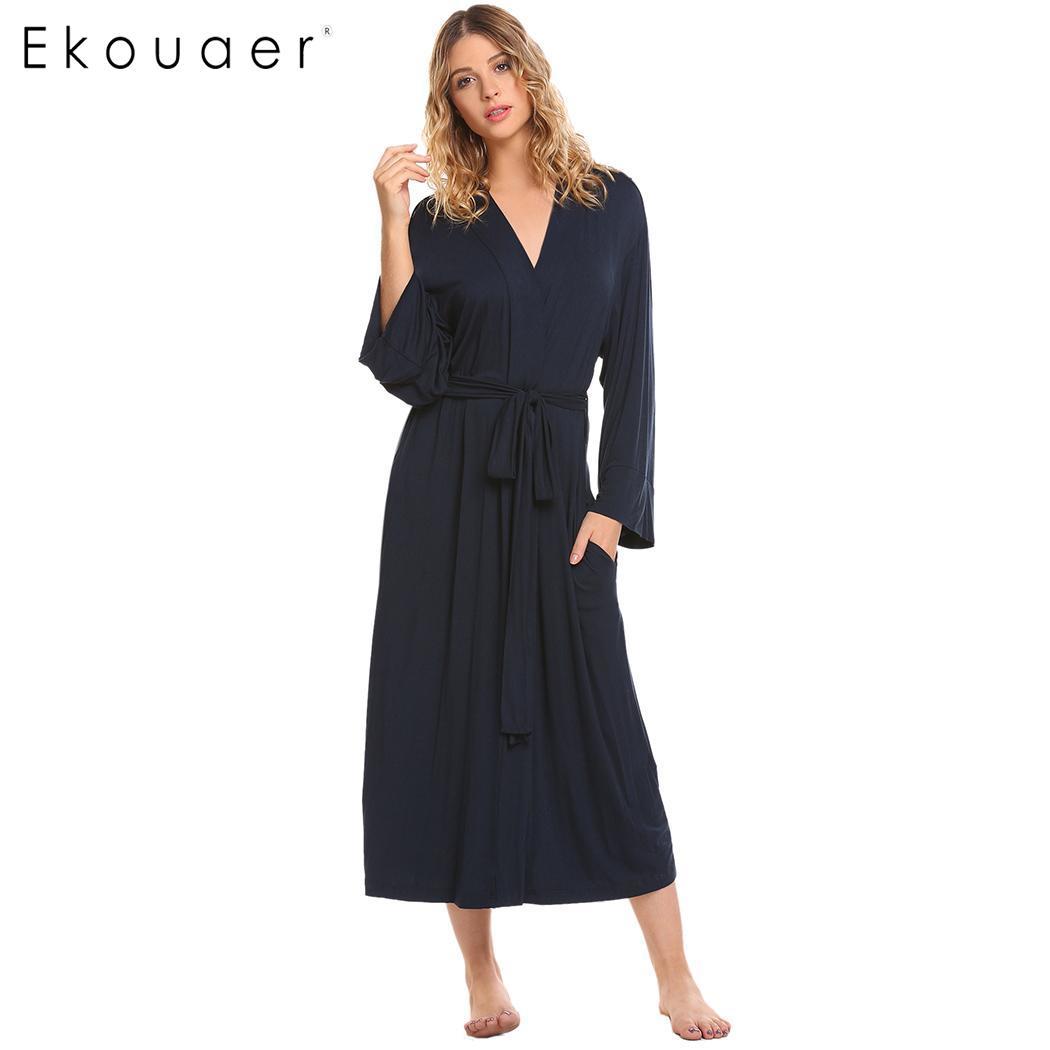 Ekouaer Women Robe Sleepwear Long Kimono Bathrobe Solid Flare Long Sleeve Soft Robe With Belt Female Nightwear Bathroom Spa Robe 210203