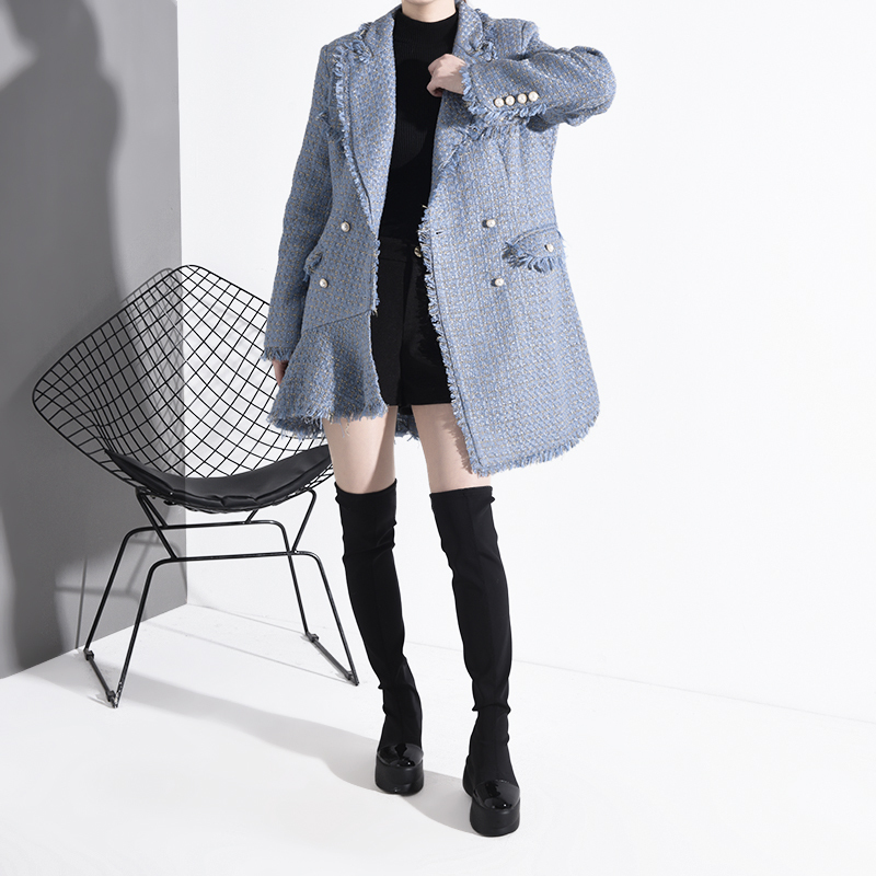 [EWQ] Korea Fashion Trends Slim Women Woolen Coat 2020 Spring Autumn New Sweet Full Sleeve Double Breasted Tweed Coats LJ201128