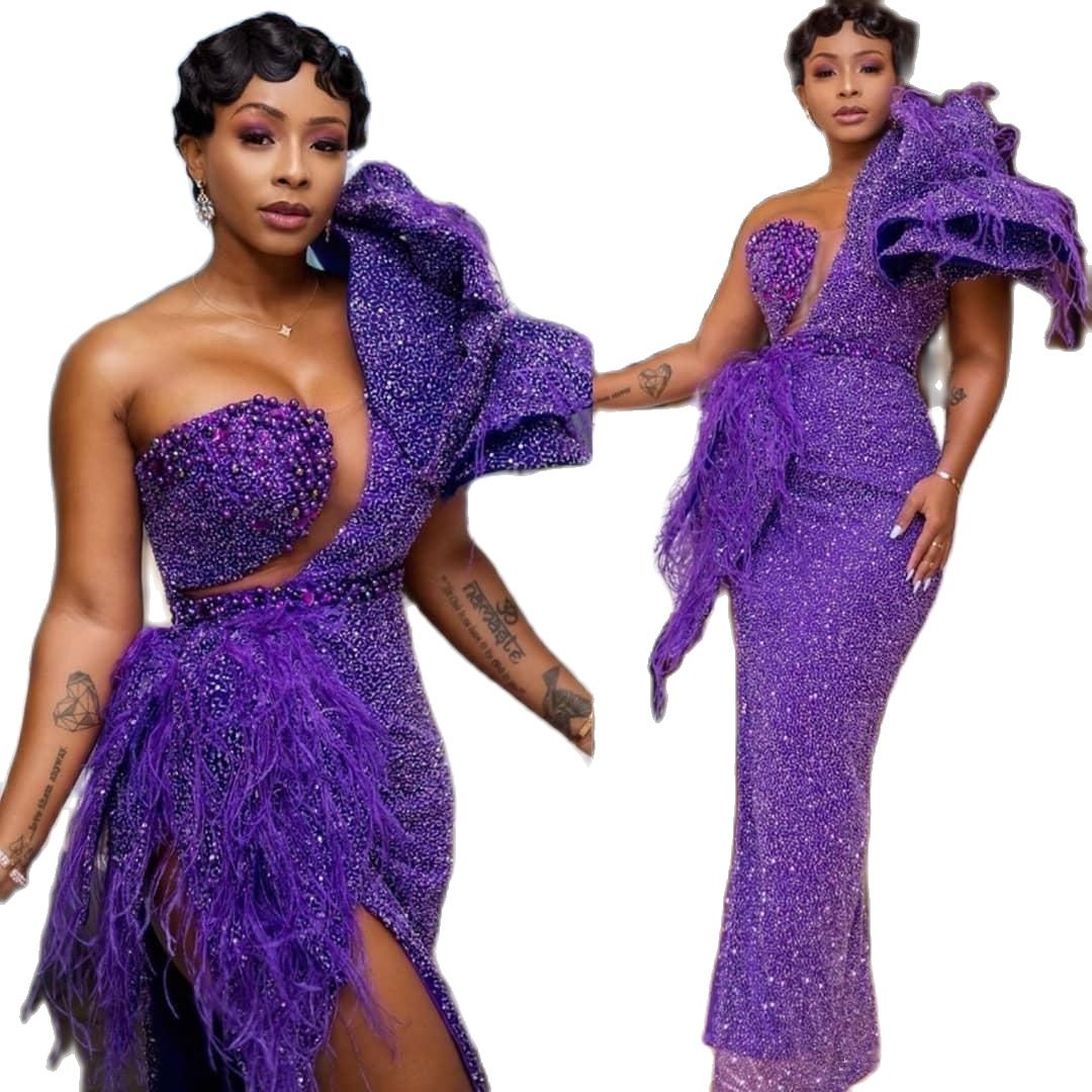 Plus Size Purple Sequined Mermaid Prom Dresses One Shoulder High Slits Beads Pearls Evening Dress Feather Lady vestidos