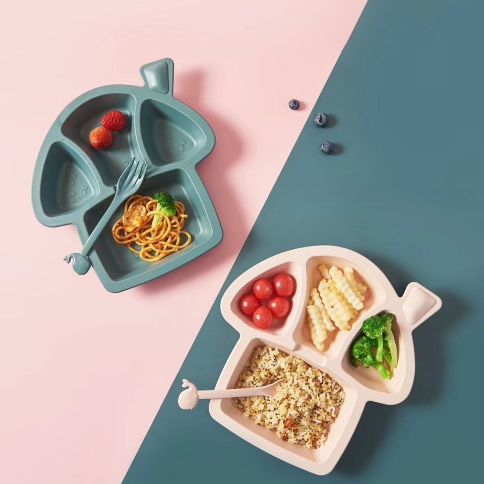 / Set Baby Cartoon Dinosaur Tableware Children's Dinnerware Set Home Anti-hot Wheat Straw Training Plate Kids Feeding Dishes LJ201221