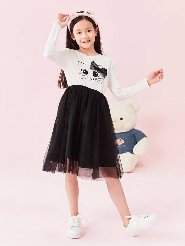 Girls Bow Detail Cat Print Mesh Overlay Dress SHE