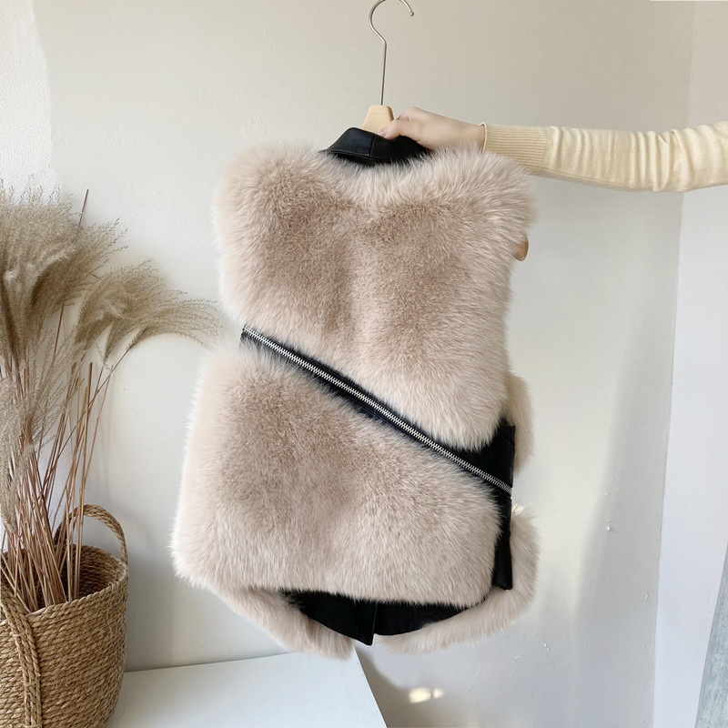 2020 new design womens turn down collar PU leather patchwork faux fur zipper decoration sleeveless short vest coat casacos