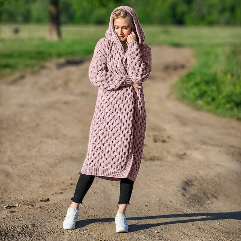Long Loose Sweater Cardigans Lady Outerwear Fall Sleeve Solid Argyle Sweater Knitted Hooded Open Front Autumn Women Fashion 201202
