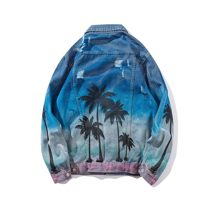Palm Coconut Tree Printing 2020 Hot Denim Bomber Jacket Men's Jeans Jacket High Street Loose Hip Hop Hole Jaqueta Masculina1