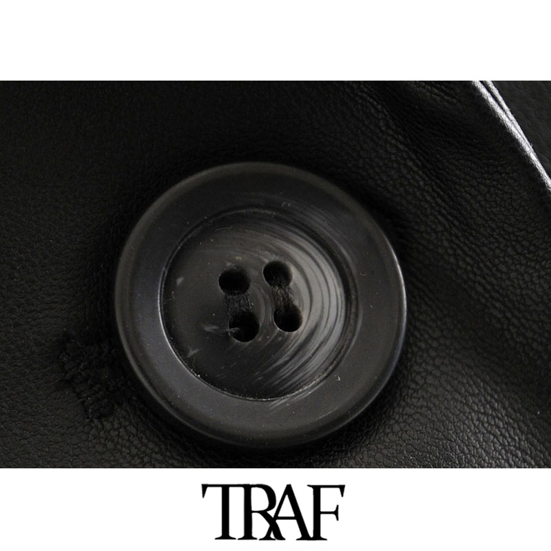 TRAF Women Fashion Faux Leather Cropped Blazers Coat Vintage Notched Collar Long Sleeve Female Outerwear Chic Tops 201114