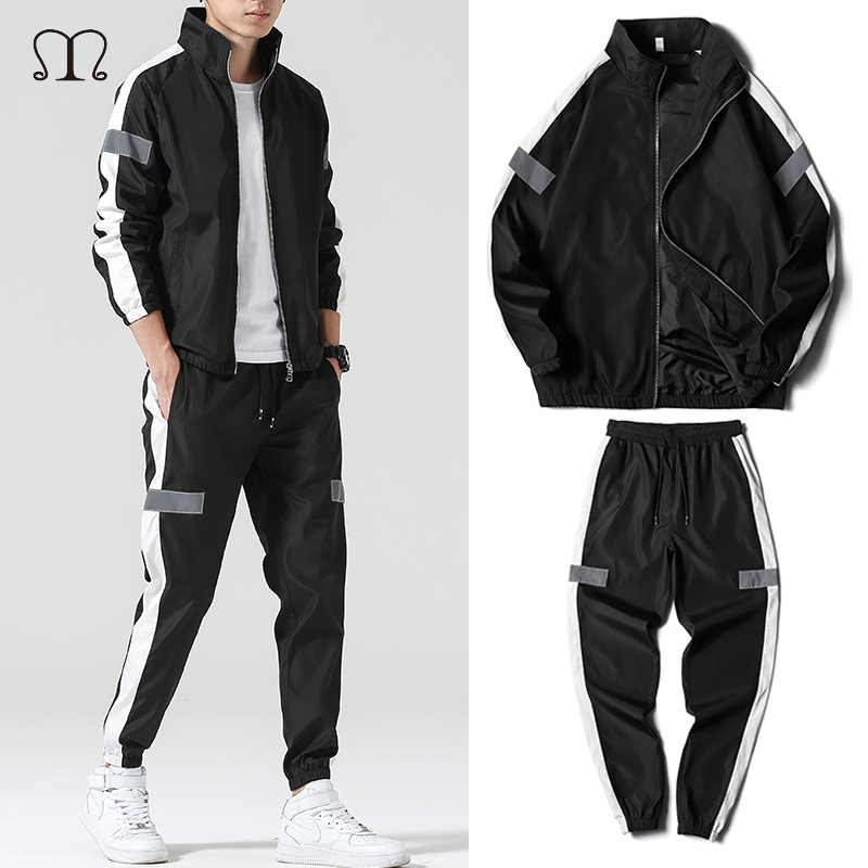 Men's Set Fashion Sports Men Sweatsuit Hip Hop Fitness Clothing Two Pieces Sweatshirt Sweatpant Male Tracksuit Black White Grey 201123