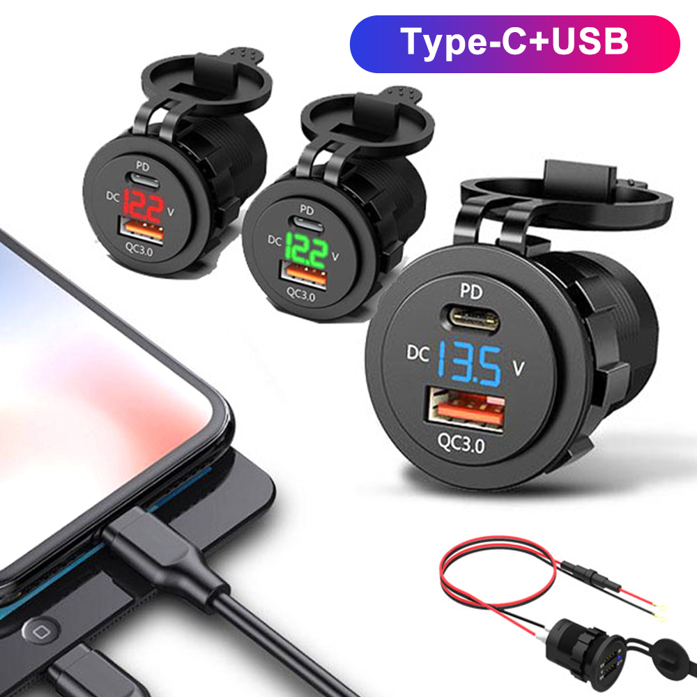 Charger QC 3.0 PD With LED Voltmeter Cable Chargers Socket Adapter Dual USB Universal Plug For 12-24V Car Motorcycles
