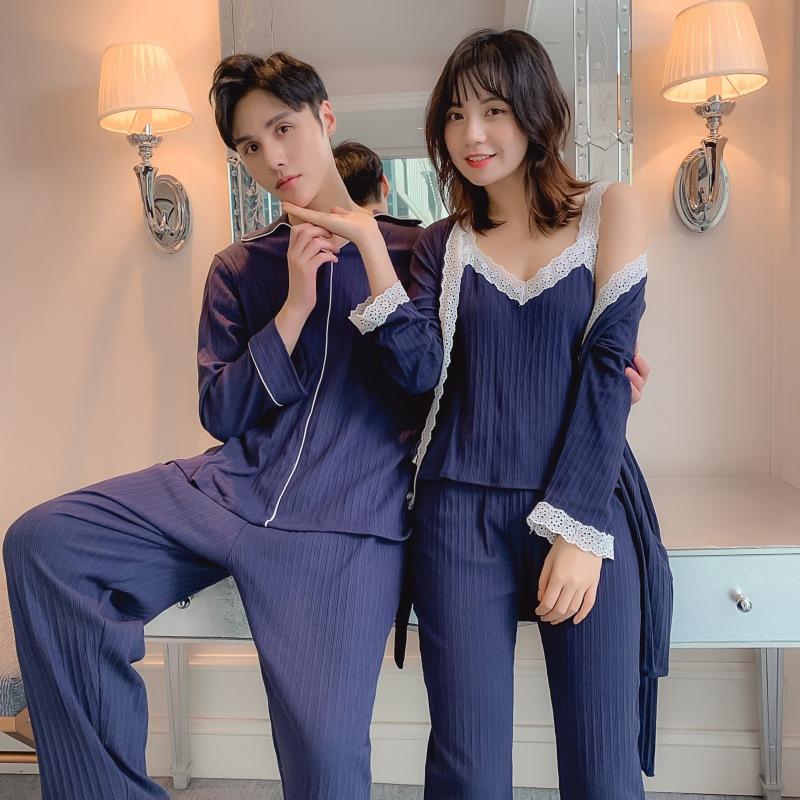 Cotton Navy Blue Pajamas Set Couple Casual Home Wear Men Turn-down Collar Top&Pant Nightwear Lady Sweet Lace Trim 3PCS Sleepwear, Navy blue-men
Cotton Navy Blue Pajamas Set Couple Casual Home Wear Men Turn-down Collar Top&Pant Nightwear Lady Sweet Lace Trim 3PCS Sleepwear, Navy blue-men