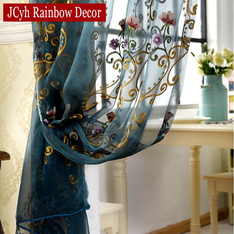 

Luxury European Tulle Curtains For Living Room Embroidered Voile Curtains For Bedroom Window Elegent Blue Sheer Curtain Cortinas, White
