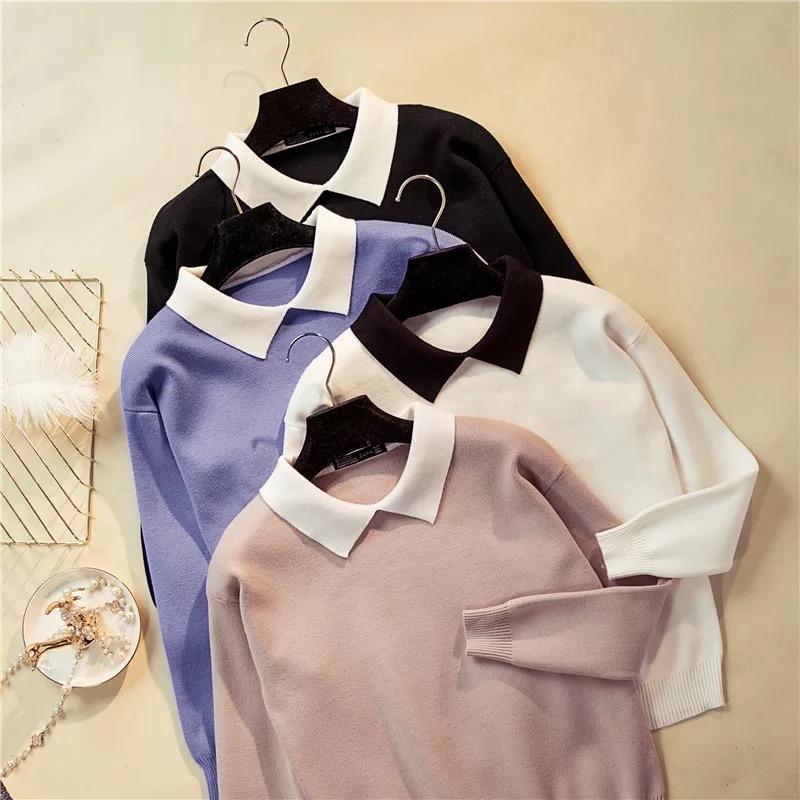 Marwin -Coming Winter Korean Wild White Turn-Down Collar Pullovers Women Sweater Long Sleeve Slim Fit Knittted Preppy Sweater 201223