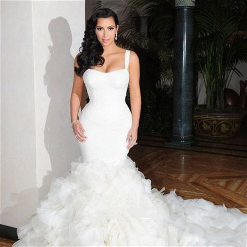 Luxury Kim Kardashian Wedding Dress Ruffled Organza Trumpet Chapel Long Train Bridal Gowns Straps Sleeveless OPen Back Ivory Bride Wedding Dresses