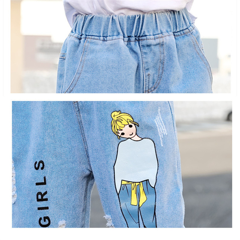 Fashion Cartoon Jeans for Girls Teenage Children Jeans Elastic Waist Denim Pants Kids Trousers for Girls Kids Clothes 4-13T LJ201127