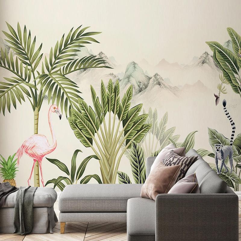 

Custom Mural Wallpaper Modern 3D Flamingo Hand Painted Tropical Rainforest Plant Landscape Background Wall Painting Home Decor, As pic