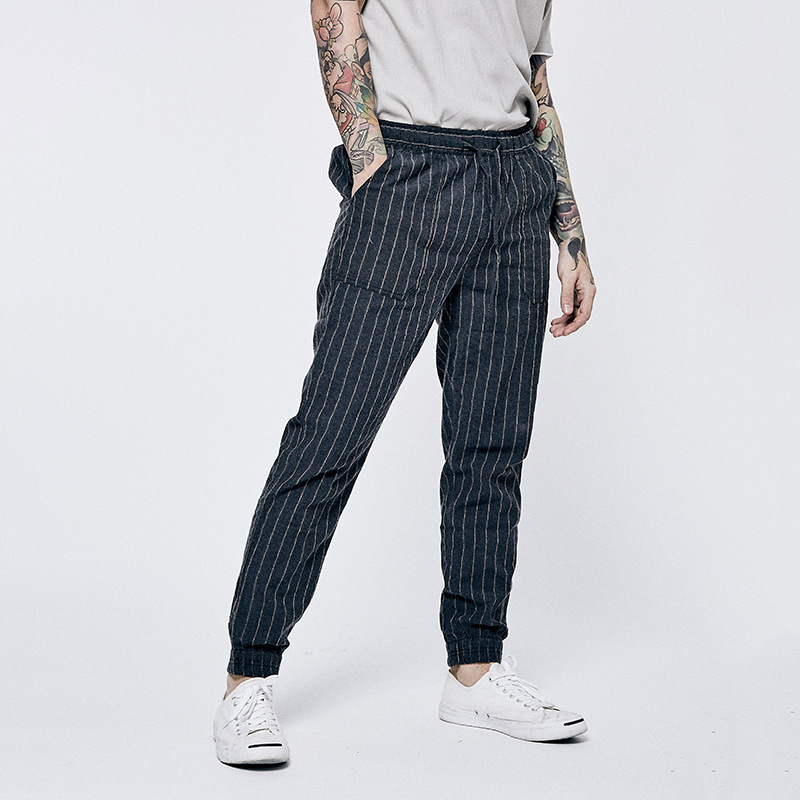 Cotton Linen Pants Men Lightweight Summer Men's Drawstring Waist Pant Elastic Relaxed-Fit Casual Beach Trousers Navy Blue 201118