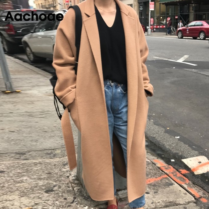 Aachoae Lady Solid Long Wool Coat Batwing Long Sleeve Elegant Office Jacket Female Turn Down Collar Casual Coat Women 201222