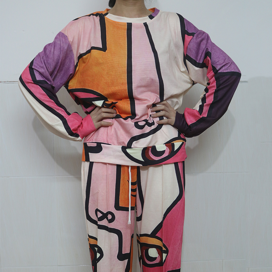 Pink Face Eyes Hip Hop Thin Sweatshirt Pants Suit 2 Piece Set Women Tracksuit New Autumn Tops Loose Casual Girls Plus Size 3XL 201119
