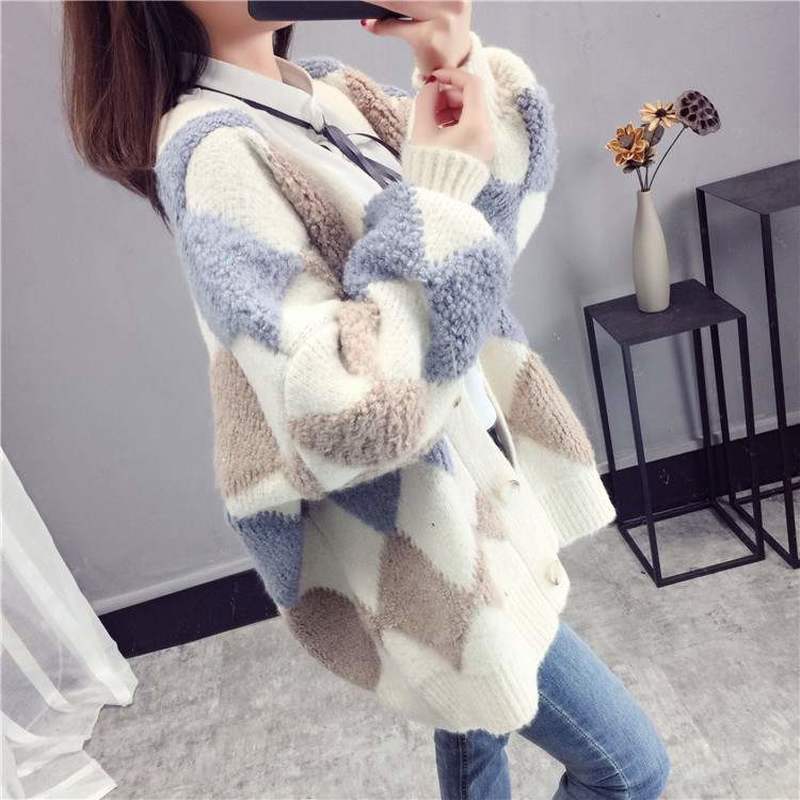 Neploe Sweater Cardigan Women Autumn Winter Korean Thick Knit Cardigans Argyle Oversized Hit Color Knitwear Outwear Coat 55306 201111wtt
