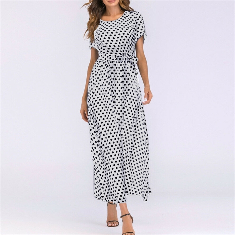 Summer Dress Women O-Neck Short Sleeve Boho Polka Dot Bandage Maxi Long Dress Women Beach Sundress Plus Size Vestidos T200604