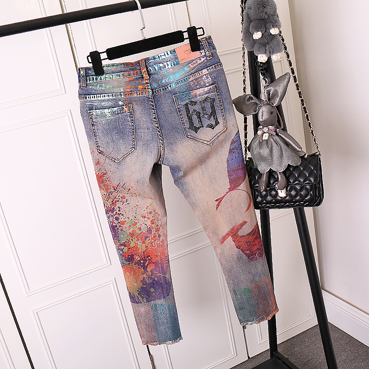 LUCKY STAR 3D Appliques pattern Painted Jeans Momen Straight Elegant Style Ripped Vintage Pattern Skinny Jeans D237 201029