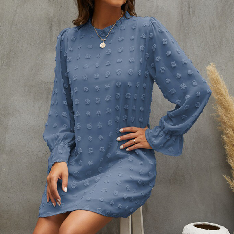 Swiss Dot Women Casual Dress Long Sleeve Fall A line Dresses Ruffle Flowy Chiffon Crew Neck Loose Fit Short Mini Dress