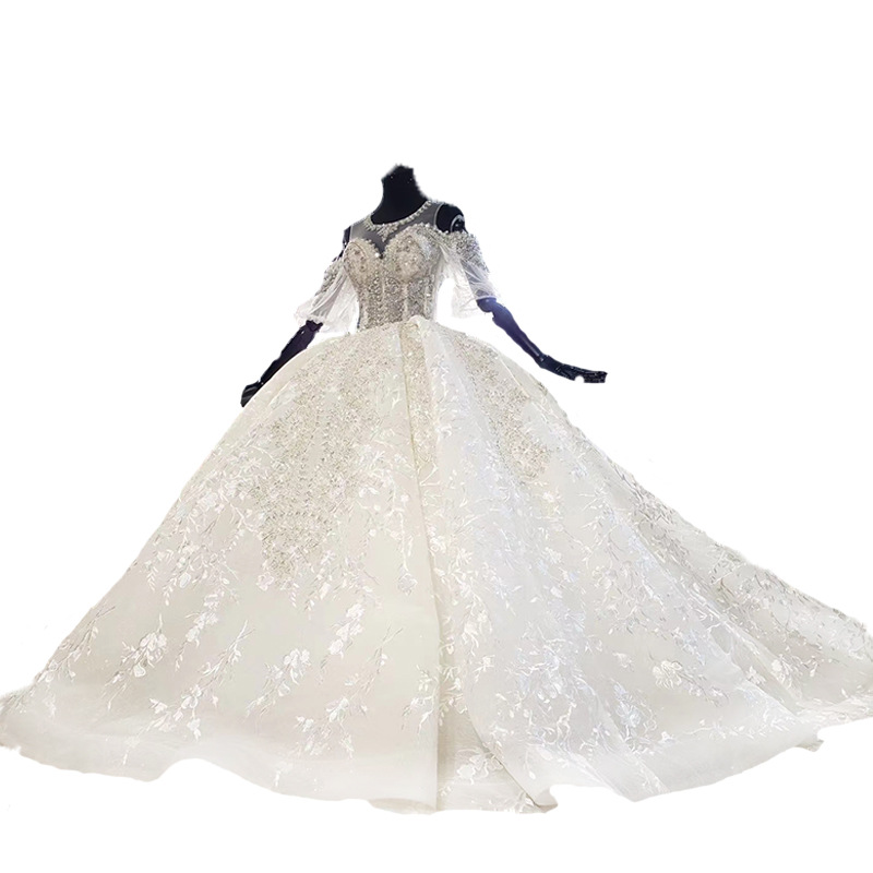 Jewel Neck Ball Gown Wedding Dresses 2M Sweep Train Rhies Beaded Bridal Gowns Appliqued Sequins Robe De Mariee 2XS to 4XL