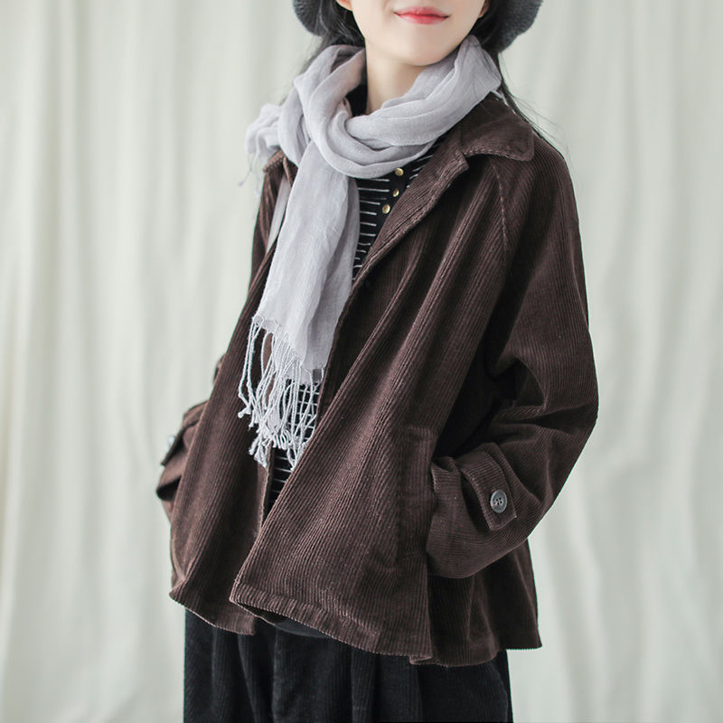 New Arrival Arts Style Spring Autumn Women Long Sleeve Loose Coats Cotton Corduroy Retro Turn-down Collar Casual Jackets D447 201026