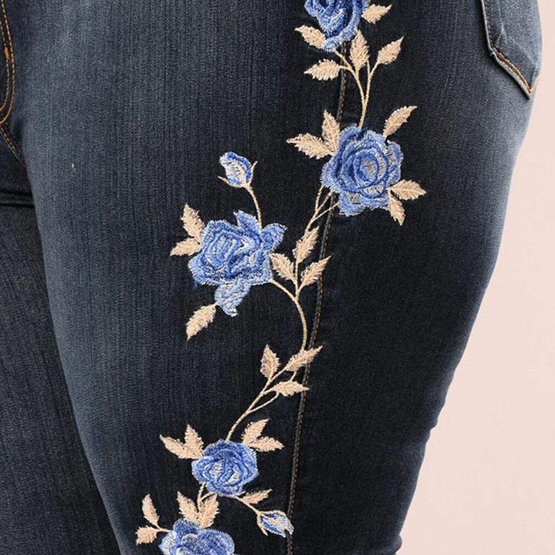 Stretch Embroidered Jeans For Women Elastic Blue Flower Jeans Female Pencil Denim Pants Rose Pattern Pantalon Femme 201109