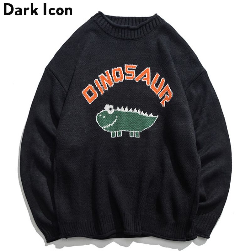 Dinosaur Lovely Sweater Men Winter Pullover Men's Sweaters Oversized Boy Student Sweater Black Khaki 201022
