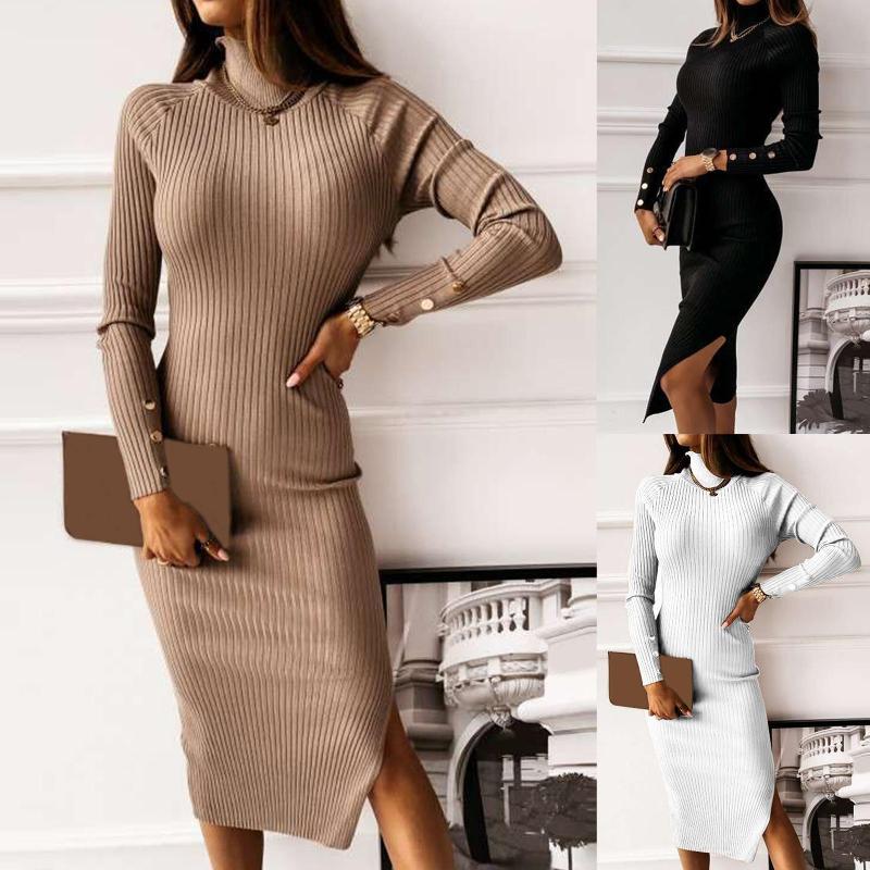 Women Autumn Turtle Neck Long Sleeve Buttons Backless Split Bodycon Knit Dress, Black
Women Autumn Turtle Neck Long Sleeve Buttons Backless Split Bodycon Knit Dress, Black