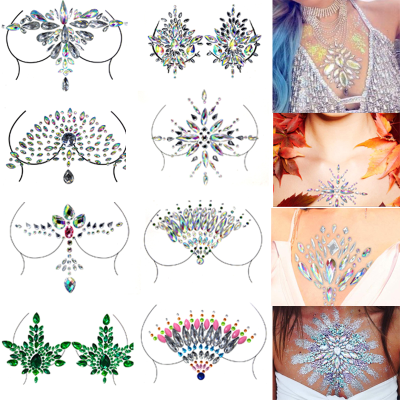 Chest Jewels Adhesive Tattoo Sticker Boho Body Makeup Decor Crystal 3D Stage Rhinestone Flash Gems Flower Star Design Festival Party Jewelry от DHgate WW