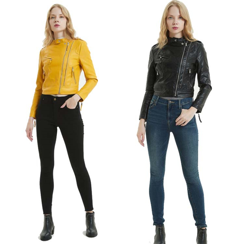 Yellow Petite Stand Collar Faux Leather Biker Jacket for Women Cute Ladies Epaulet Slant Zipper Cropped Moto PU Leather Jacket 201030