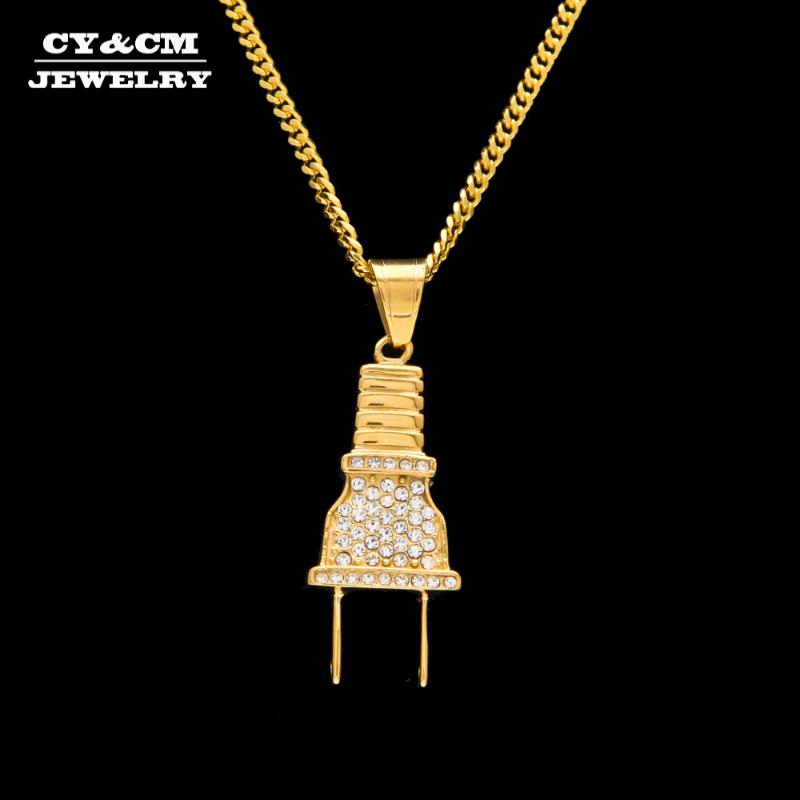 CY&CM Gold Color Mens Women Electric Plug Socket Charm Pendant Necklace Hip hop Stainless Steel Iced Out CZ Rhinestone Jewelry
CY&CM Gold Color Mens Women Electric Plug Socket Charm Pendant Necklace Hip hop Stainless Steel Iced Out CZ Rhinestone Jewelry