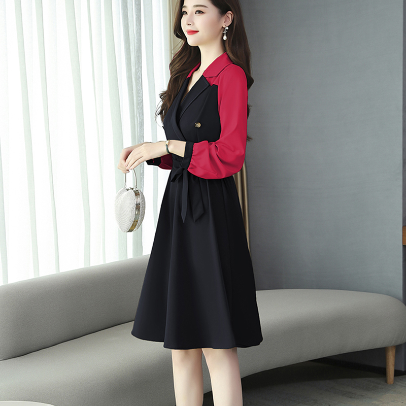 Vestido De Festa Spring Autumn Elegant Patchwork A-Line Dress Bodycon Long Sleeve Turn-down Collar Party Plus Size Dresses T200106