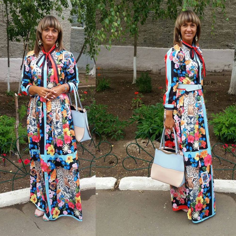 Runway Maxi Dresses Women High Quality Bow Neck Vintage Animal Print Floor Length Long Party Dress Vestidos Robe Femme T200320