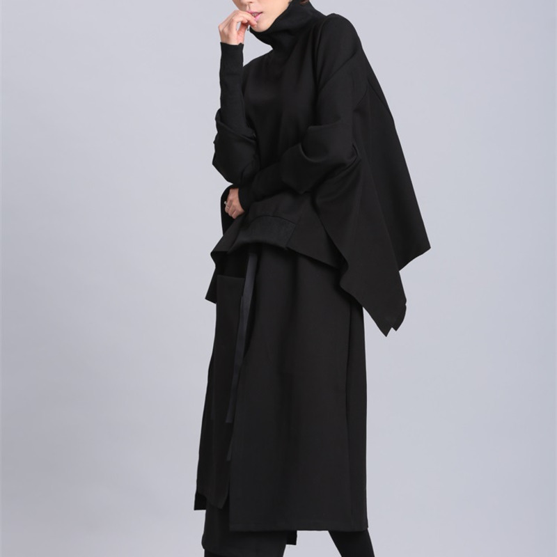 [EAM] Loose Fit Black Asymmetrical Oversized Sweatshirt New Turtleneck Long Sleeve Women Big Size Fashion Tide Spring LJ201130
