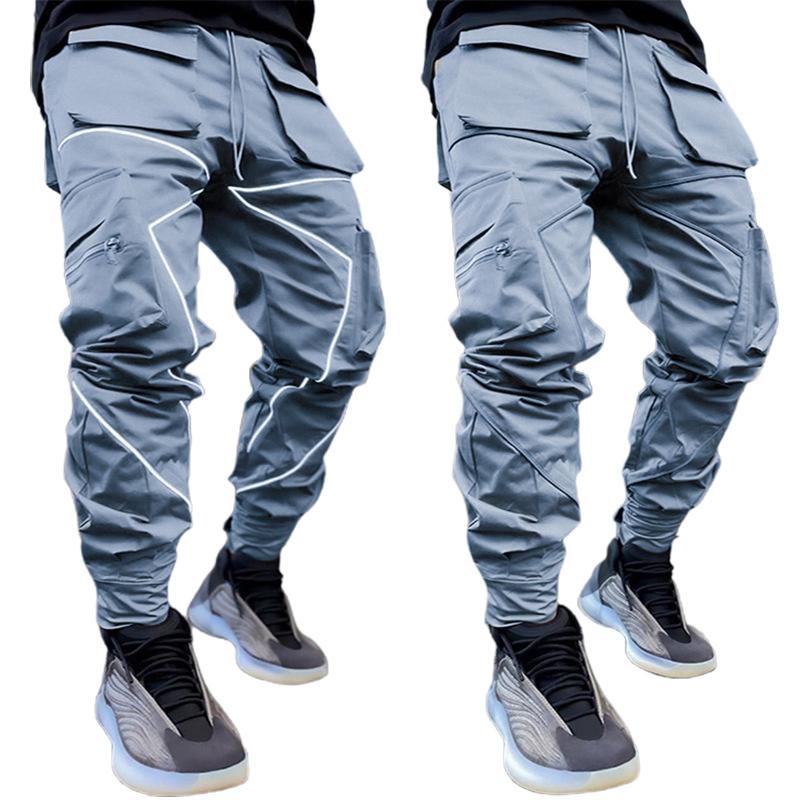 Men's Cargo Pants - Reflective Hip Hop Joggers, Casual Streetwear, Polyester, Khaki, Black, Blue, Army Green, White
