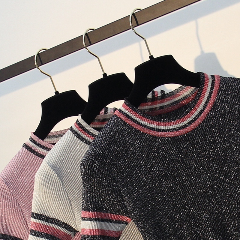 Glitter Knitted Women T Shirt Summer Tshirt Breathable Short Sleeves Top High Elasticity Striped Female T-Shirt T200512