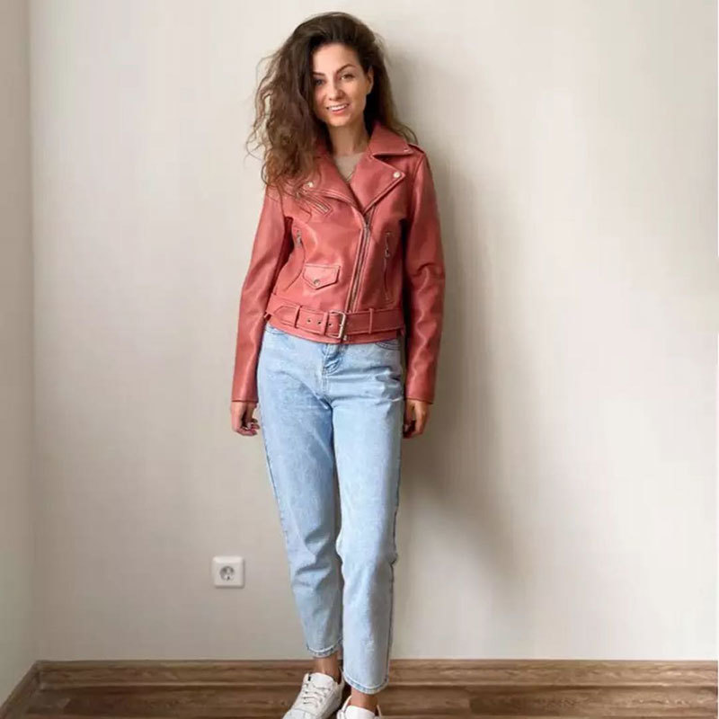 New Autumn Women Pu Leather Jacket Women's Moto Biker Zipper Jacket With Belt Short Length Casual Black Faux Leather Jacket 201226