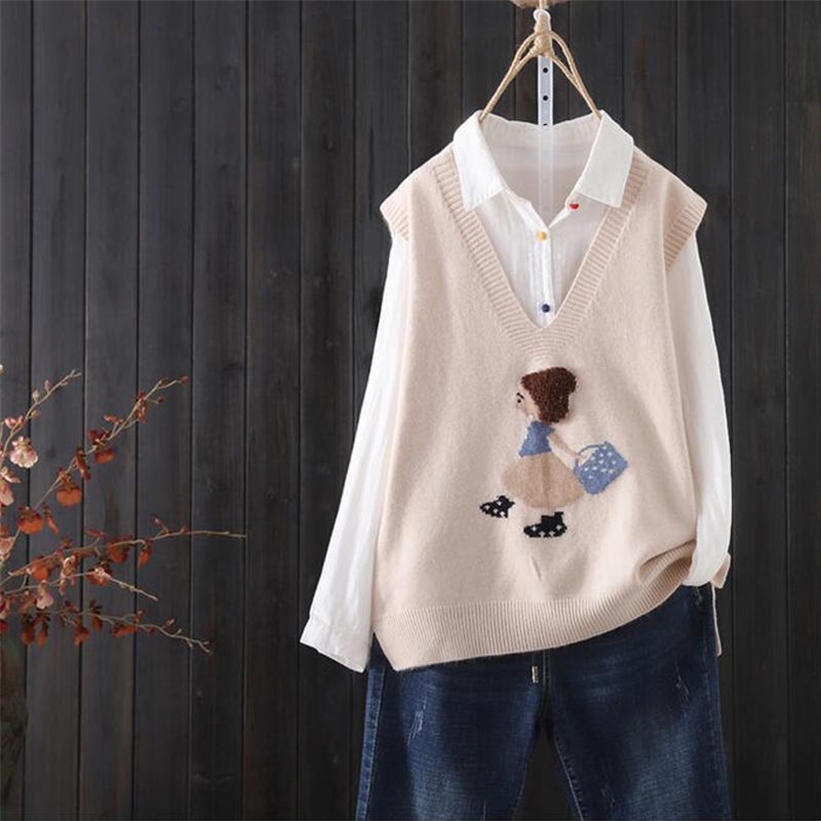 Loose V-neck Knitted Sweater Vest Female Cartoon Embroidery Pattern Sleeveless Simple Commuter Fashion Sweater Vest Women Spring 201221