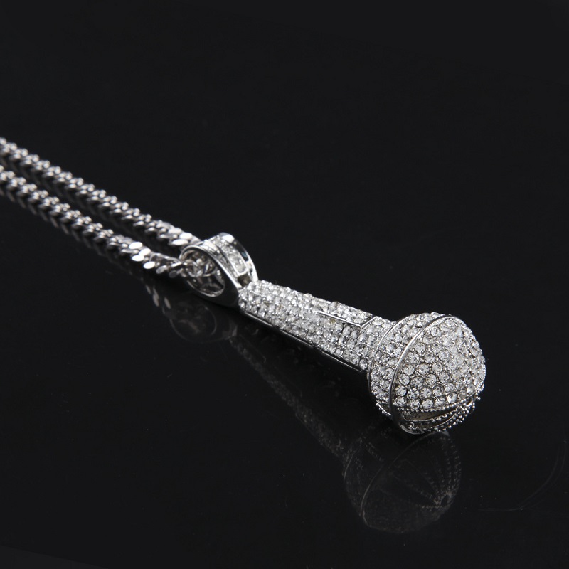 Mens Iced Out Fashion Microphone Pendant Hip Hop Jewelry Gold Cuban Chain Necklace Free shipping Free shipping
