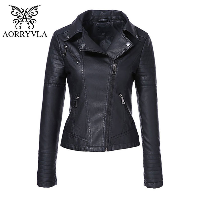 AORRYVLA New Spring Autumn Women's Moto Biker Zipper Jacket Turn Down Collar Black PU Faux Leather Jacket Slim Lady Basic Coat 201028