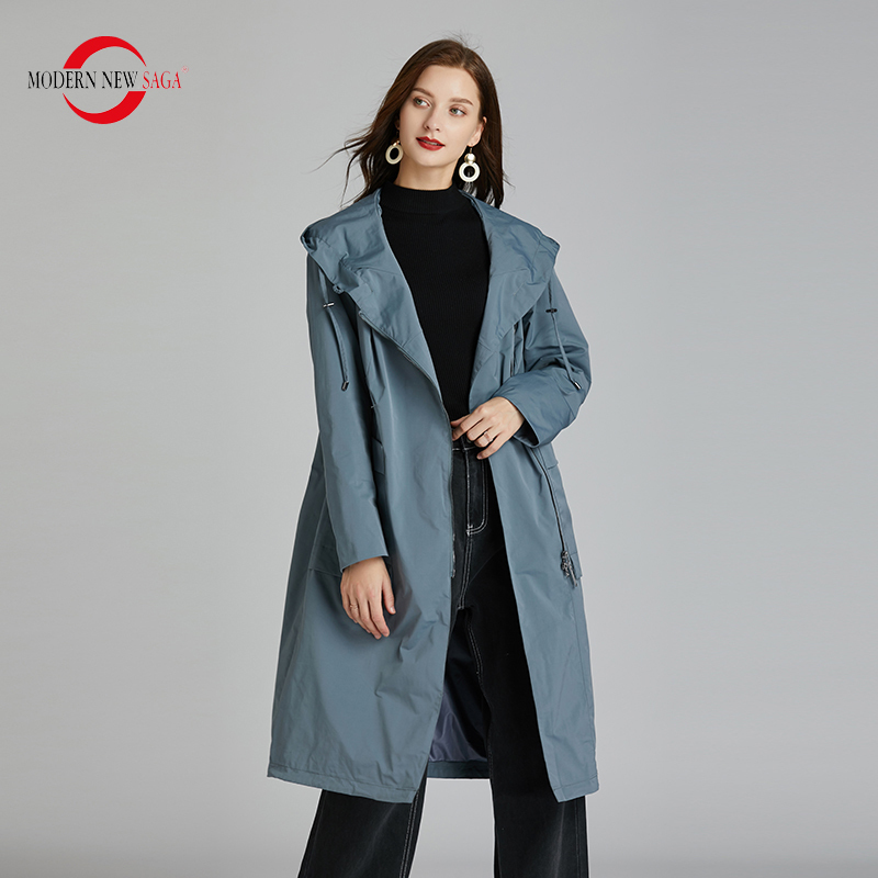 MODERN NEW SAGA Spring Women Trench Coat Fashion Long Coat Hooded Women Coats Autumn Casual Windbreaker Zipper Big Size 201102